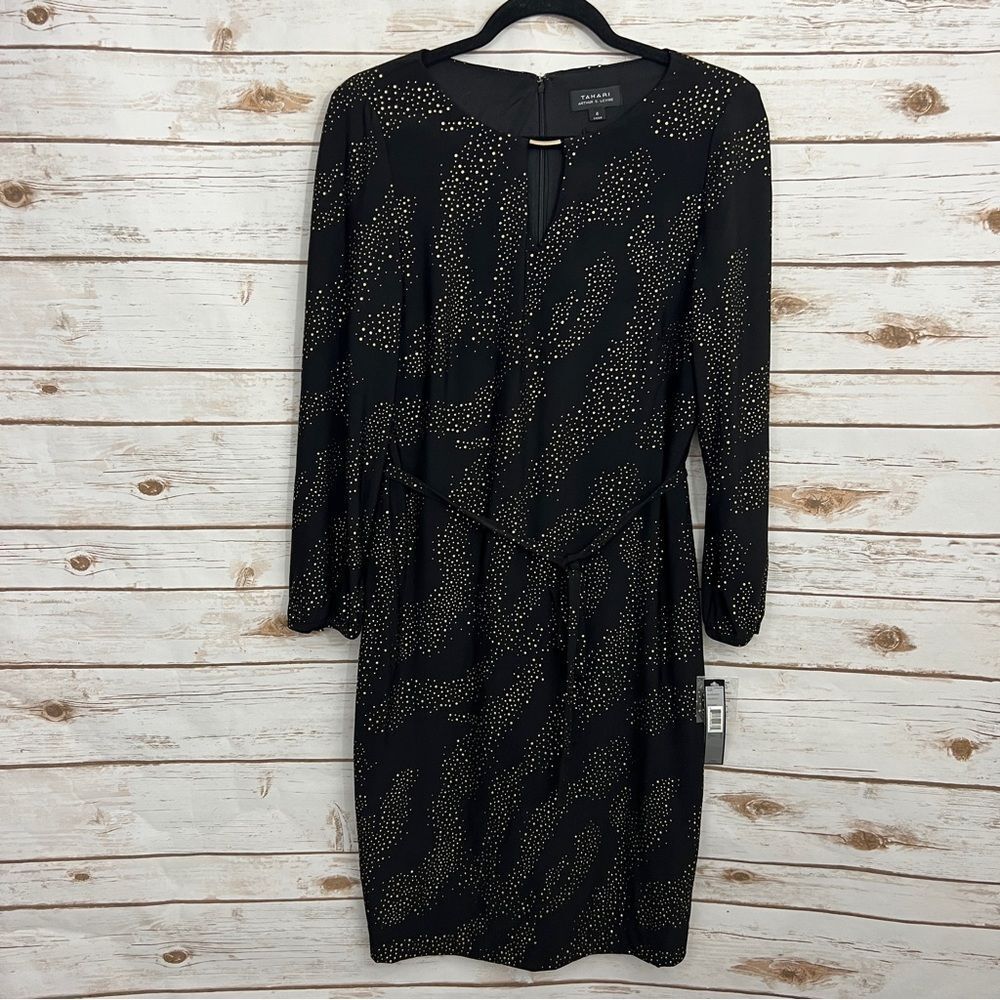 Tahari Black Metallic Gold Keyhole Cocktail Formal Dress NWT Tie Waist
